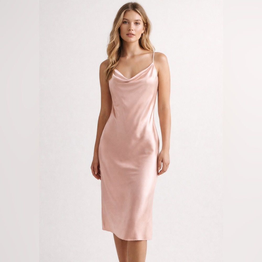 Altar’d State | Carlotta Satin Cowl Neck Midi Slip Dress Champagne Pink Size S